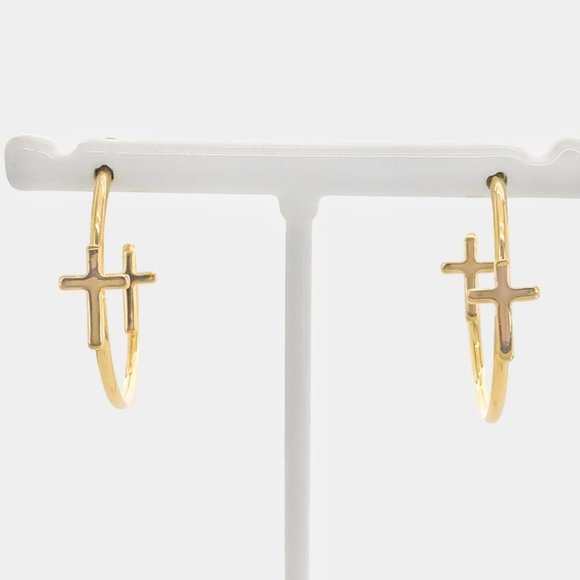 NEW 18K Gold Filled Double Cross Hoop Earrings - Picture 2 of 5